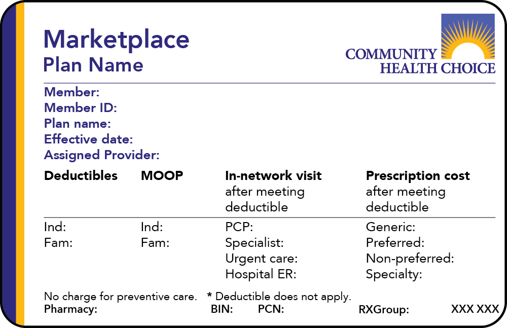 Sample Marketplace member ID card for Community Health Choice