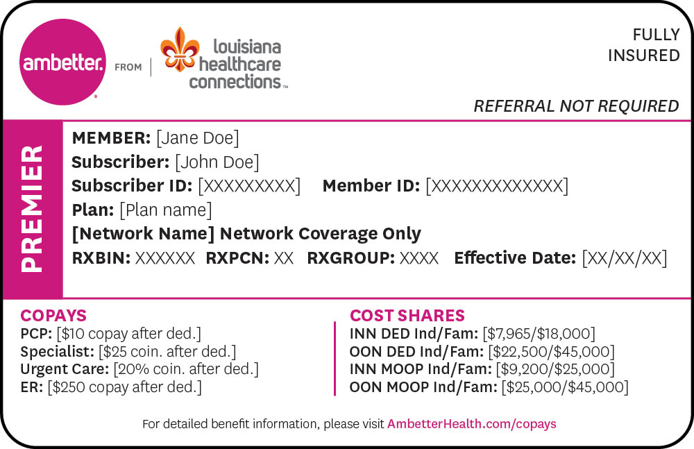 Sample Premier Member ID Card for Ambetter from Louisiana Healthcare Connections