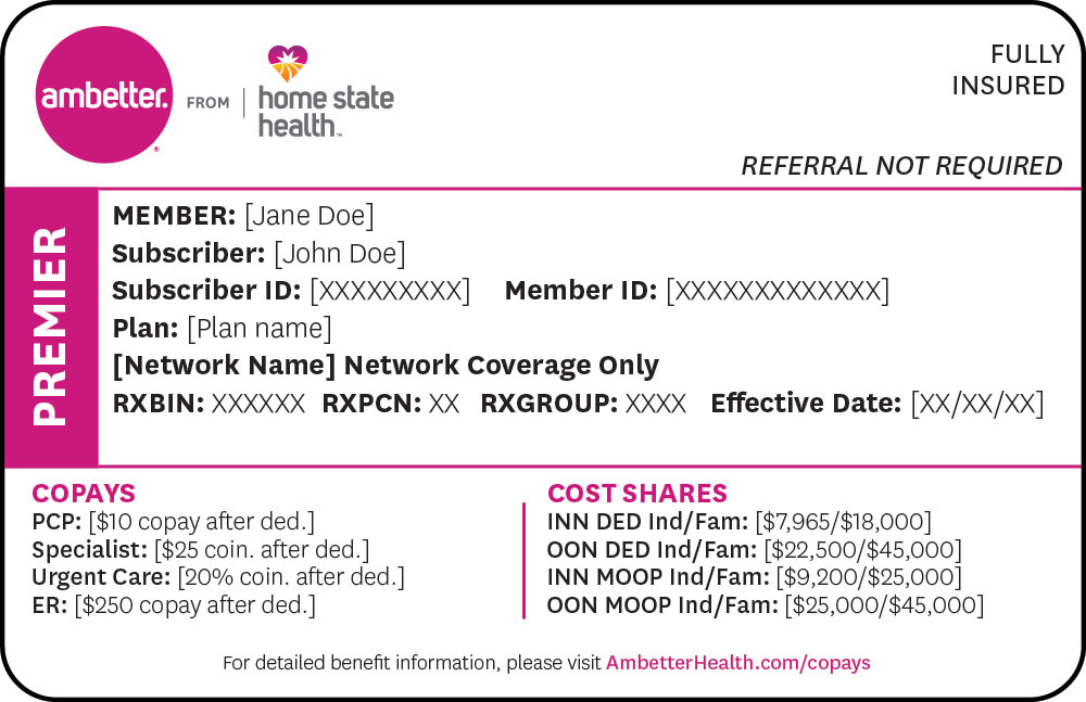 Ambetter from Home State Health member card Premier and sample member information